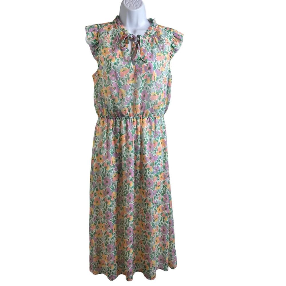 Banana Republic Women's Floral Ruffle Midi Dress Size M Demure Feminine Fairy